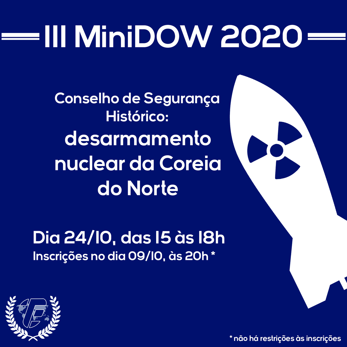 modowcefet's tweet photo. Olá, senhoras e senhores Delegados! É com entusiasmo (e decoro, como sempre) que viemos anunciar o III MiniDOW. A edição do mês de outubro terá como tema o desarmamento nuclear na Coréia do Norte. O evento começa às 15h. 
Acertem seus relógios para o fuso do Brasil. Até lá! https://t.co/853UTHIxJe