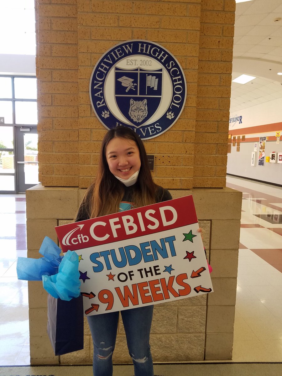 RanchviewWolves's tweet photo. Congratulations to Mina Jeong for being Ranchview's Student of the 1st 9 weeks! Thank you for being an outstanding representative of our RHS community. GO WOLVES! https://t.co/c81HEM7Iv8