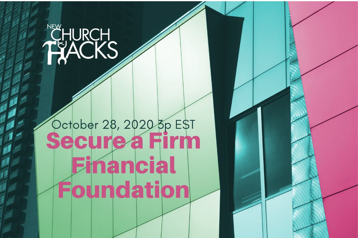 Against a modern looking building is the New Church Hacks logo in white and details about its latest episode on finances.