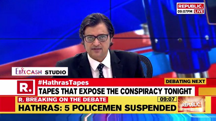 republic's tweet photo. #BREAKING on #HathrasTapes | UP CMO directs suspension of 5 top officers over Hathras case based on information in preliminary investigation report; Tune in to watch #LIVE here - https://t.co/RZHKU3wOei https://t.co/JPByCXZLqt