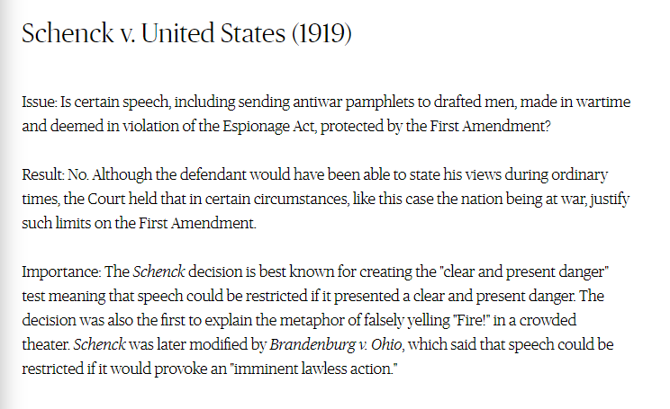 12- Schenck v. United States (1919) was the infamous “Can’t yell FIRE! in a theater” case.Again, note that this decision 𝐫𝐞𝐬𝐭𝐫𝐢𝐜𝐭𝐞𝐝 versus 𝐞𝐱𝐩𝐚𝐧𝐝𝐞𝐝 Constitutional rights.