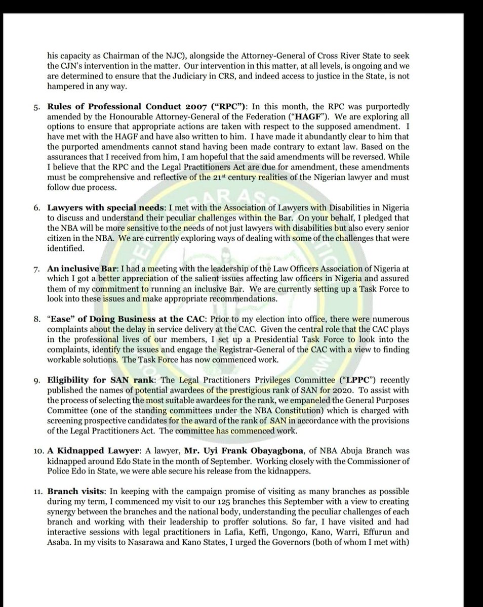 OlumideAkpata's tweet photo. Dear Learned Colleagues and Friends, during the election campaign, one of my promises was to regularly engage and provide you with monthly updates from my desk on our activities. It has been a month since I was sworn into office and I am writing to you to fulfill that promise. https://t.co/OZgFjxSVtV