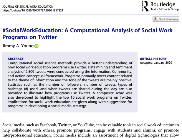 JimmySW's tweet photo. After a bit of a COVID delay #NewPublicationAlert about How Social Work Programs use Twitter. Some Free e-prints available while they last https://t.co/dlKdLoBmdh 
Also, I quote a @socworkpodcast Tweet in this article 😀
#SWtech #MacroSW #SocialWorkEd #SocWorkEd https://t.co/RPVG5GpPNY