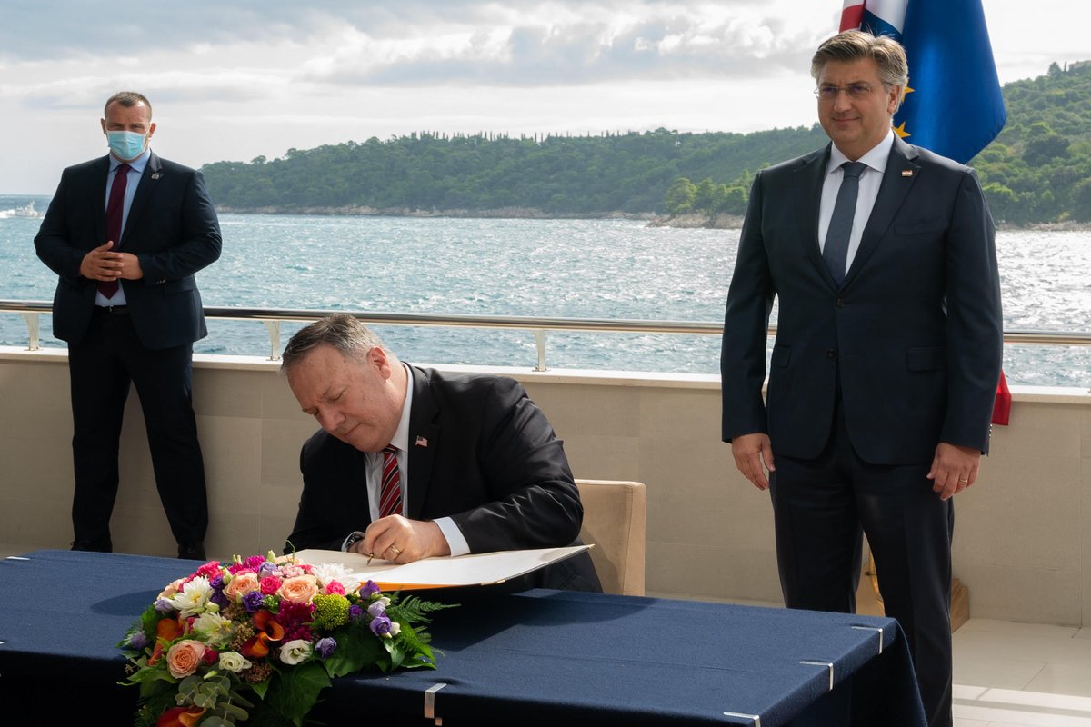 SecPompeo's tweet photo. Productive meeting with Prime Minister Plenković and his team in Dubrovnik today to discuss the strong and enduring U.S.-Croatia relationship. Croatia is an important partner, Ally, and friend. https://t.co/tjcOptVloi