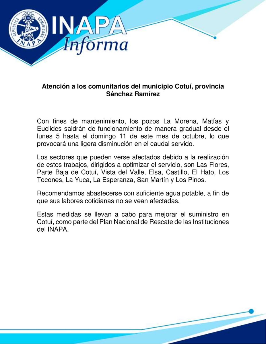 INAPA_RDGOB's tweet photo. Atención a los comunitarios del municipio Cotuí, un #INAPAInforma de interés para nuestra gente de la provincia Sánchez Ramírez. #INAPATrabaja #INAPALlevandoSoluciones #TrabajandoJuntos #EstamosCambiando https://t.co/6gE3PmJ73i