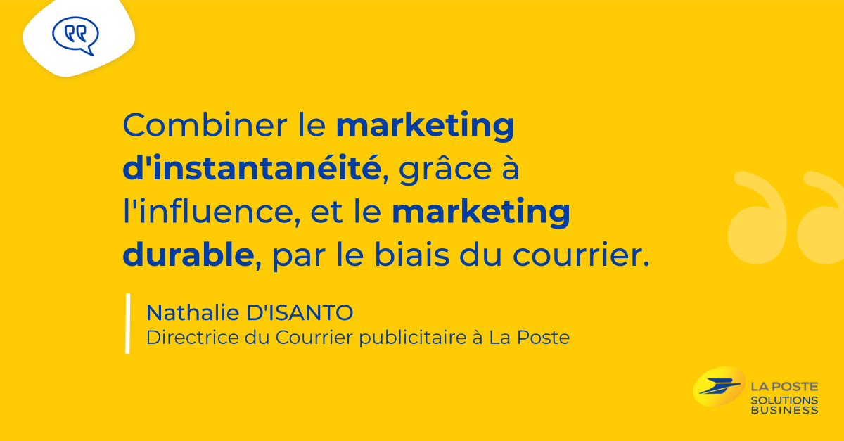 LaPosteBusiness's tweet image. [#LaPoste x #Woô] L’intérêt d’allier le marketing d’instantanéité grâce à l’influence et le marketing durable grâce au #courrier. Découvrez le témoignage de Nathalie d'Isanto, directrice du courrier publicitaire au sein du @GroupeLaPoste. En savoir plus : bit.ly/3jp8TAL