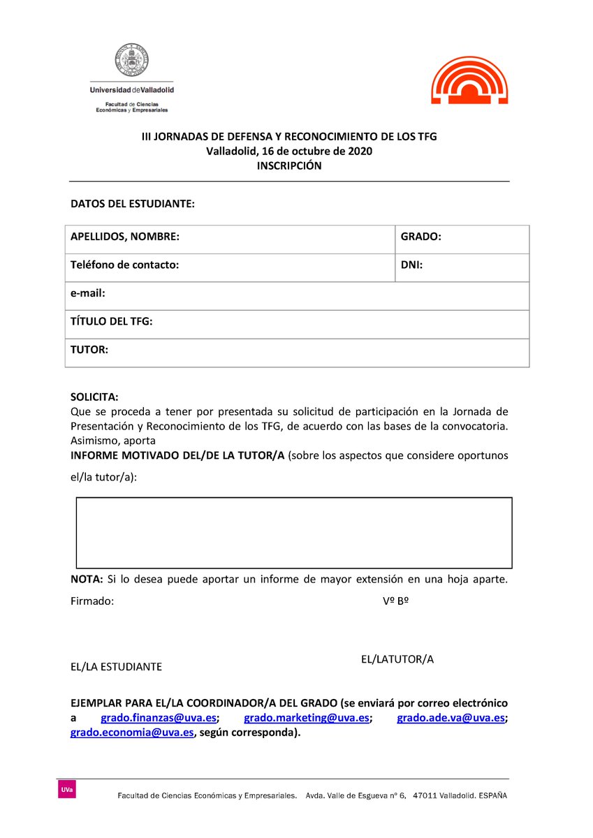 economicas_uva's tweet photo. III Jornadas de Defensa y Reconocimiento de los TFG de los diferentes Grados el curso 19/20. 
16-octubre-2020, 12:00 horas.
El TFG debe tener Matrícula de Honor
 Será un acto virtual. 

Inscripción entre el 5 y 8 de octubre, enviándola al Coordinador del Grado correspondiente. https://t.co/chNNwyZJe9
