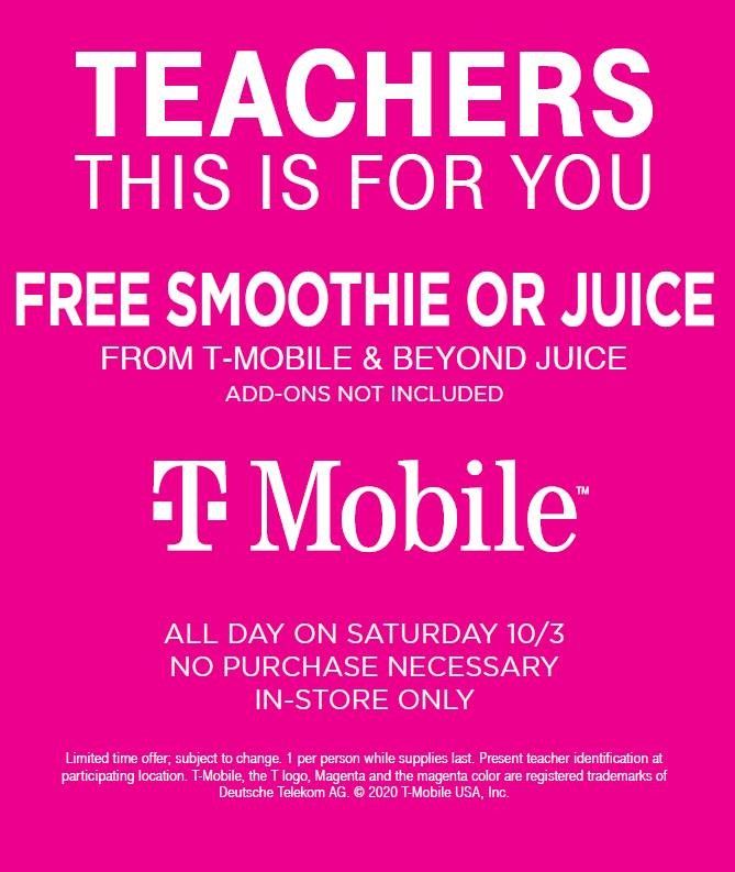🎉 Attention teachers and school faculty! 🎉 Stop by <a href="/Beyond_Juice/">Beyond Juicery + Eatery</a> for a free smoothie or juice this Saturday October 3rd thanks to <a href="/TMobile/">T-Mobile</a>!
