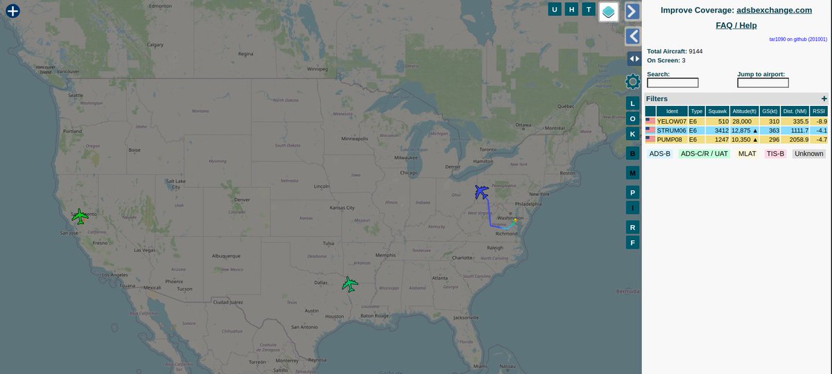  #sarcasmOMG there are THREE E-6Bs over the United States right now; TWO using Mode-S, and ONE using ADS-B!  #sarcasm THEY MUST BE SIGNALLING RUSSIA BECAUSE COVID19! #sarcasm https://globe.adsbexchange.com/?icao=ae0418,ae0412,ae0416