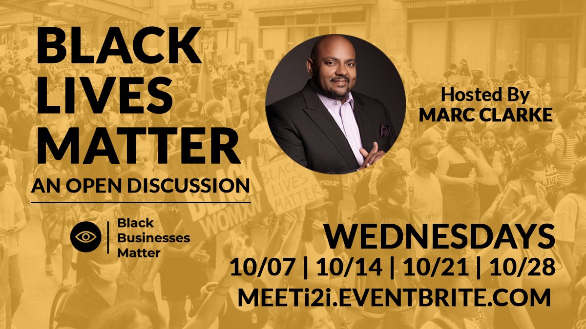 Join us WEDNESDAYS at noon in <a href="/I2iMeet/">Meet I2I</a> with special guest host <a href="/MarcClarke/">marcclarke</a> for a discussion series on why the #BLM movement is important and what we can do to promote #equality in our communities.
.
🎟️ eventbrite.com/e/122424576203 🎟️
.
#blacklivesmatter #racialequality #marcclarke