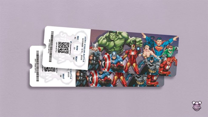 bangtanboys_sv's tweet photo. 🎟️ #ARMYStreamBattle 🎟️
#BTSARMY hemos preparado un ticket para recordar esta gran batalla ⚔️
Ponte tu traje y veamos quién gana 🦸🏻♀️🦸🏼♂️
✨ Descarga tu ticket:
🔗 https://t.co/X0PfMBguIM
¿Ya tienes equipo? 👀💜 https://t.co/6h2S3meP7e