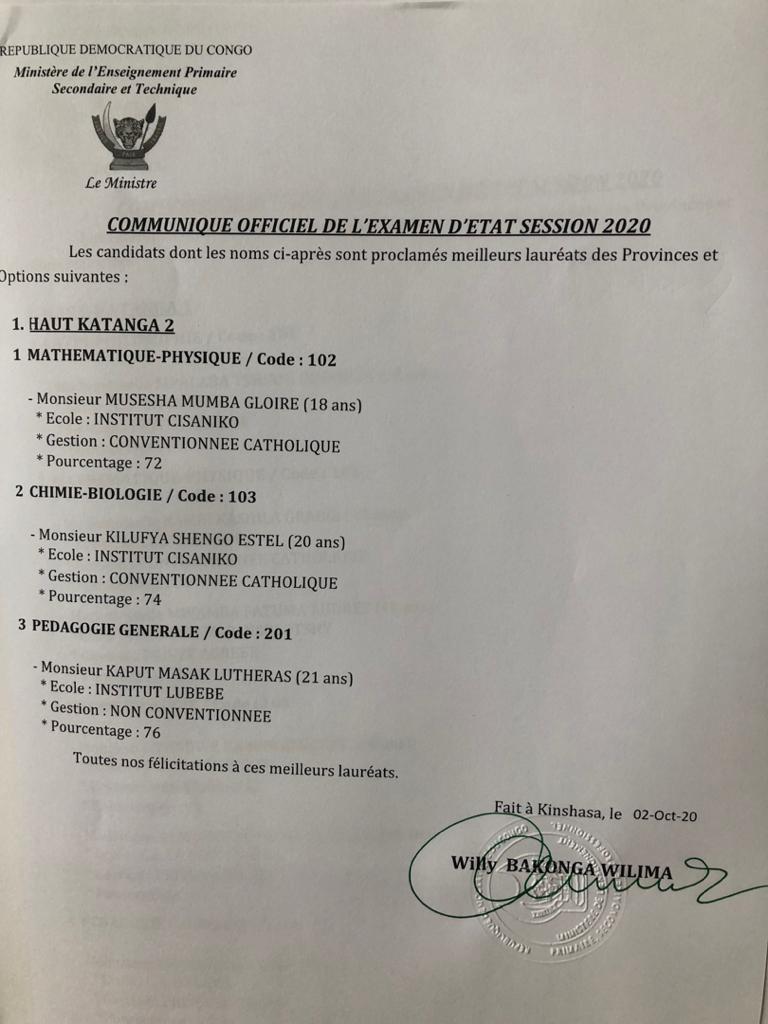 Ngubaa_d's tweet photo. Chers finalistes, chers parents, chers promoteurs d'écoles, voici les lauréats de l’EXETAT édition 2020 des options non techniques pour les provinces du Kongo Central &amp; Haut Katanga. La suite des résultats d’ici à ce soir sur les 4 réseaux de téléphonie mobile et sur EducTV. https://t.co/EwGaDcNa2C