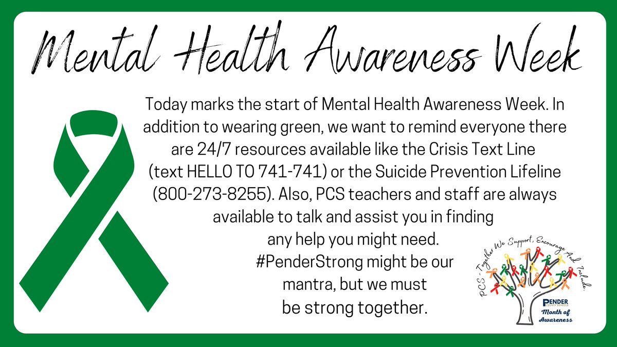 penderschools's tweet photo. As Mental Health Awareness Week begins, we hope you'll join us in wearing green and remembering how important it is to listen when talking to our friends. Being supportive of others is critical to facing adversity. Remember - #PenderStrong together! https://t.co/DhKVgwWA7V