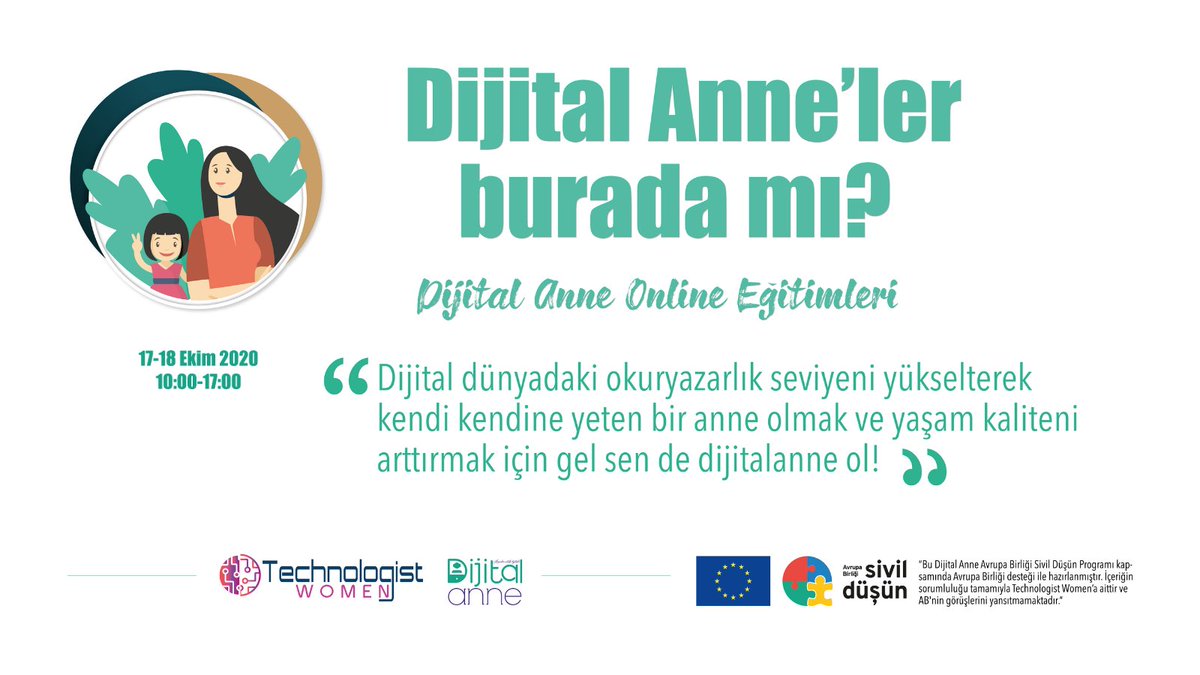 TechnologistW's tweet photo. Anneler artık dijital!

Merhaba Ben Dijital Anne!

17 ve 18 Ekim’de Technologist Women Platformu tarafından yürütülen Dijital Anne Projesi Avrupa Birliği Sivil Düşün Programı Bizi Bağlayan Şeyler özel desteğiyle hayata geçiriliyor.

kayıt ol: https://t.co/GDV6t4cJjI https://t.co/eJ9QqDXvQF