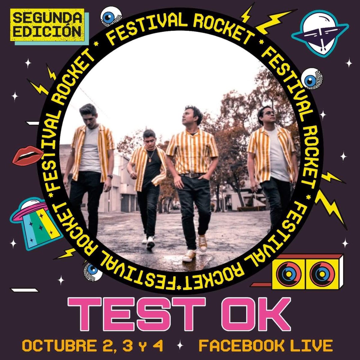 TestOk_MX's tweet photo. ¡Este sábado estaremos en el #festivalrocket! ⚡️
8:30pm hora México, Facebook live: @RocketNotas 
¡Ahí los esperamos! 😬

Guarda nuestro nuevo sencillo.
Enlace: https://t.co/uF0S3H5UmN
#TestOk https://t.co/3icdjKkU8w