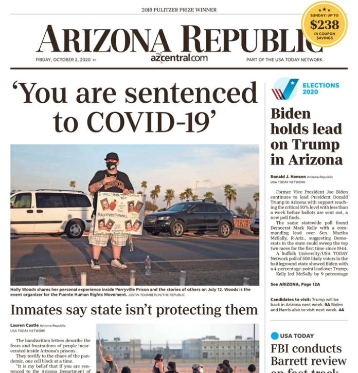 lilyalta's tweet image. Today's @azcentral A1 by @lauren_castle gives a platform to a population we don't often hear from, to share their fears about getting COVID-19 in a system with critical gaps in social safety nets: People in prison.  azcentral.com/story/news/loc…
