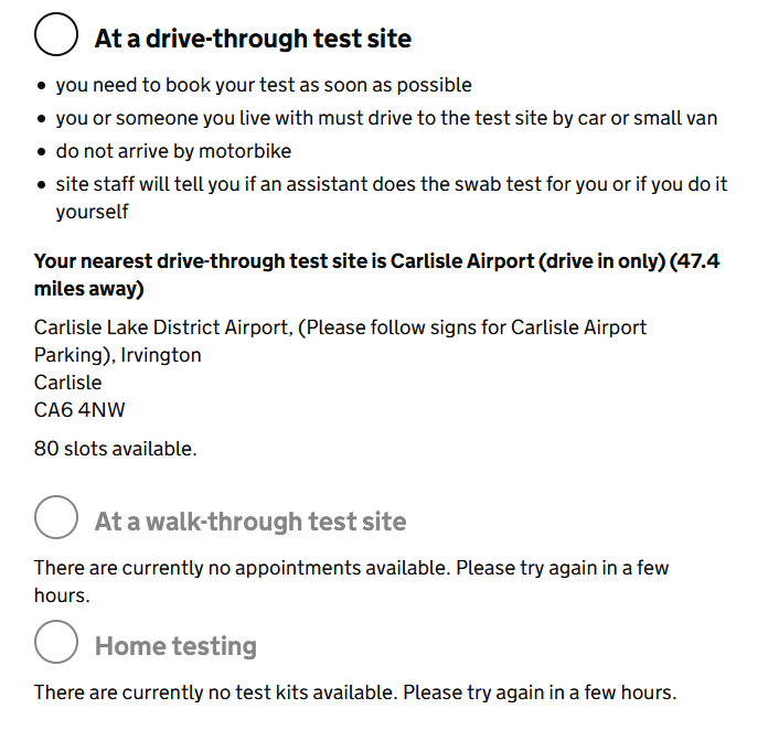 Here is the current testing availability in Newcastle. Not ideal if you are a student without a car.