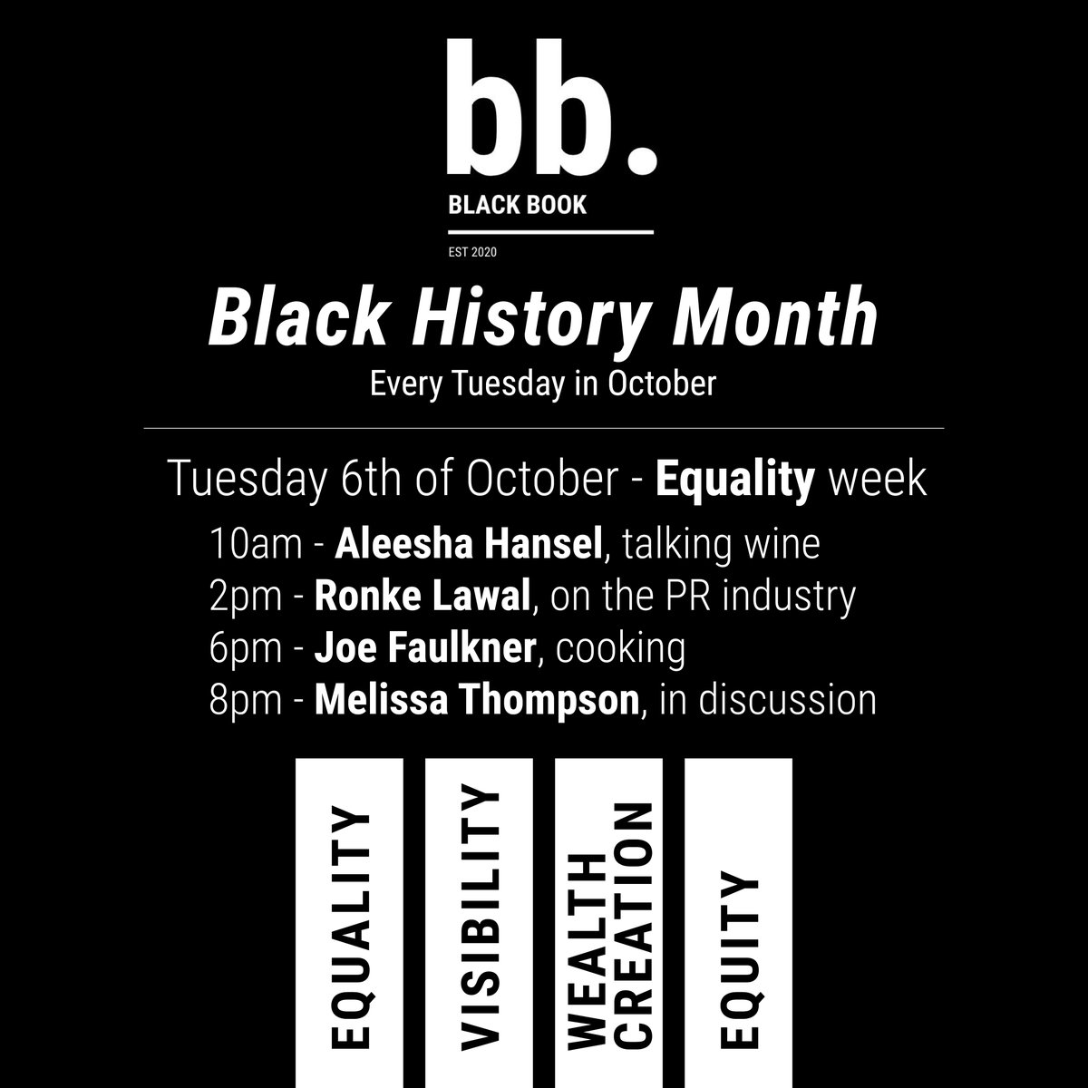 BlackBook (@blackbookorg) on Twitter photo #BlackHistoryMonth has just started and with it our line up of events happening EVERY TUESDAY in October to support and give voice to black & non-white people working in the food & drinks industry. Join us next week with @AleeshaHansel1 <a href="/ronkelawal/">Ronke Lawal</a> <a href="/TheKrioKanteen/">The Krio Kanteen</a> @FowlMouthsFood #BlackHistoryMonth has just started and with it our line up of events happening EVERY TUESDAY in October to support and give voice to black & non-white people working in the food & drinks industry. Join us next week with @AleeshaHansel1 <a href="/ronkelawal/">Ronke Lawal</a> <a href="/TheKrioKanteen/">The Krio Kanteen</a> @FowlMouthsFood