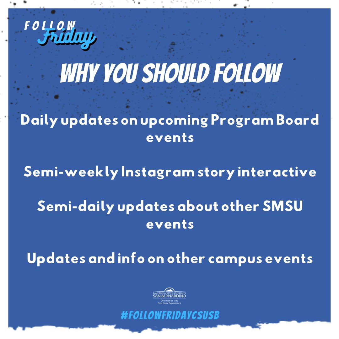 CSUSBofye's tweet photo. It's another #FollowFridayCSUSB! 🤩 This week, find out all about the group that brings you some of the best events on campus (or on Zoom!) and why you should pay attention to what's happening! @SBProgramBoard  #CSUSB https://t.co/i6qRpma9ff