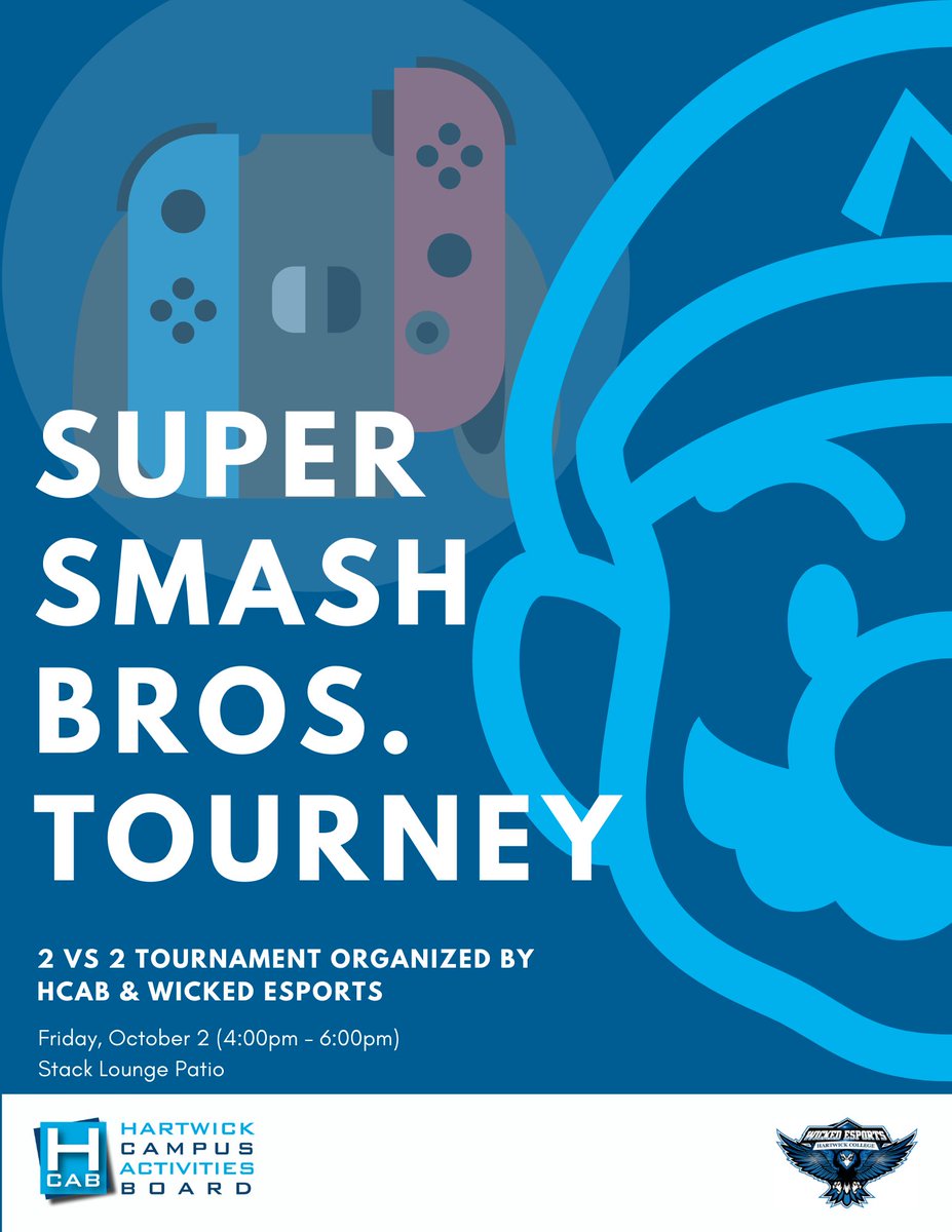 Hey everyone! Come down to the Tent outside Stack Lounge Friday Afternoon at 4PM for a 2v2 Super Smash Bros Tourney!! Hosted by HCAB and WICKed ESports – Sign-up early here forms.gle/MWwG9uUPdqDX5s…