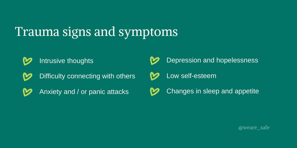 WeAre_SAFE's tweet photo. It's important to be able to recognise the common signs that you or someone you know may be experiencing trauma, which could be caused by abuse. If you're worried, why not contact SAFE on hello@safe-services.org.uk.

#Trauma #YouAreNotAlone https://t.co/zf3YLIxZDe
