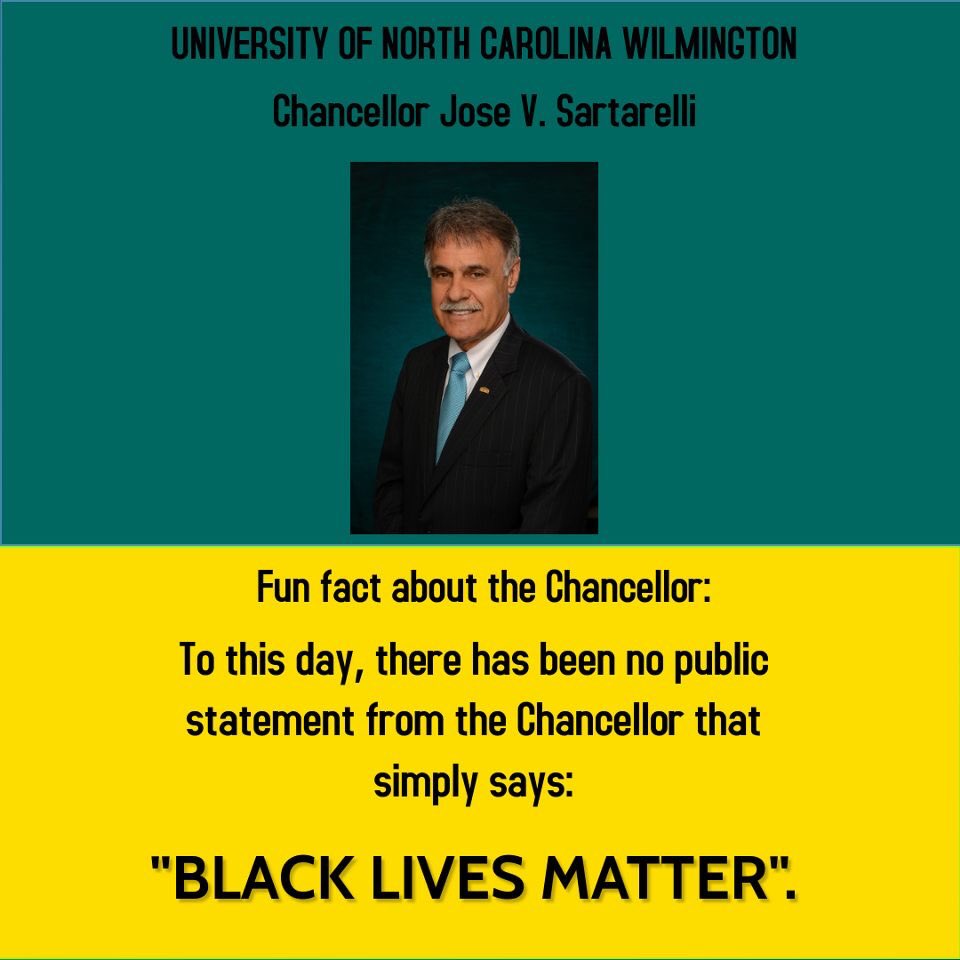 UNCWBSU's tweet photo. Chancellor Jose V. Sartarelli, we are waiting.
•
•
#uncw #uncwilminton #uncsystem #wilmington #uncw21 #uncw22 #uncw23 #uncw24 #blacklivesmatter #TimeForChange1947 https://t.co/ZBD6nmUpRZ