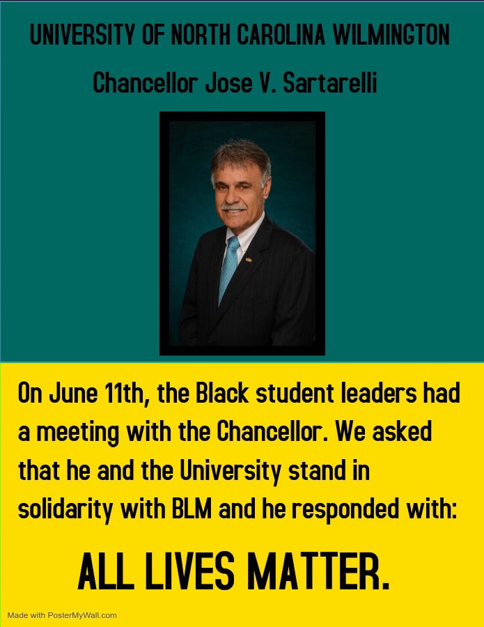 UNCWBSU's tweet photo. Chancellor Jose V. Sartarelli, we are waiting.
•
•
#uncw #uncwilminton #uncsystem #wilmington #uncw21 #uncw22 #uncw23 #uncw24 #blacklivesmatter #TimeForChange1947 https://t.co/ZBD6nmUpRZ
