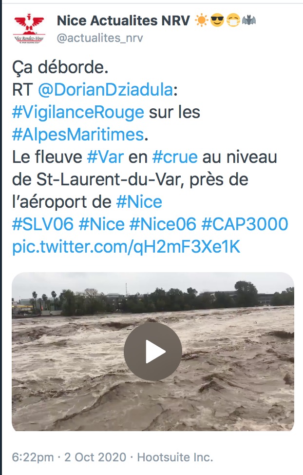 02/10/2020: Le fleuve #Var en #crue au niveau de St-Laurent-du-Var, près de l'aéroport de #Nice