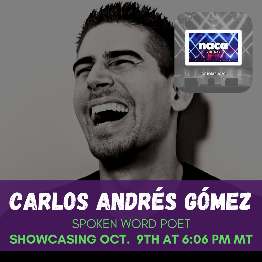 BassSchuler's tweet photo. Hey #NACAVirtual! Check out our spoken word poet, @carlosaglive, who will be showcasing TODAY at 6 PM MT! Be sure to stop by our virtual (Zoom) booth if you have any questions about our artists! #SpokenWord #Poet #CarlosAndrรฉsGรณmez #ShowcasingArtist #BassSchulerEntertainment https://t.co/90k5oRoPJt