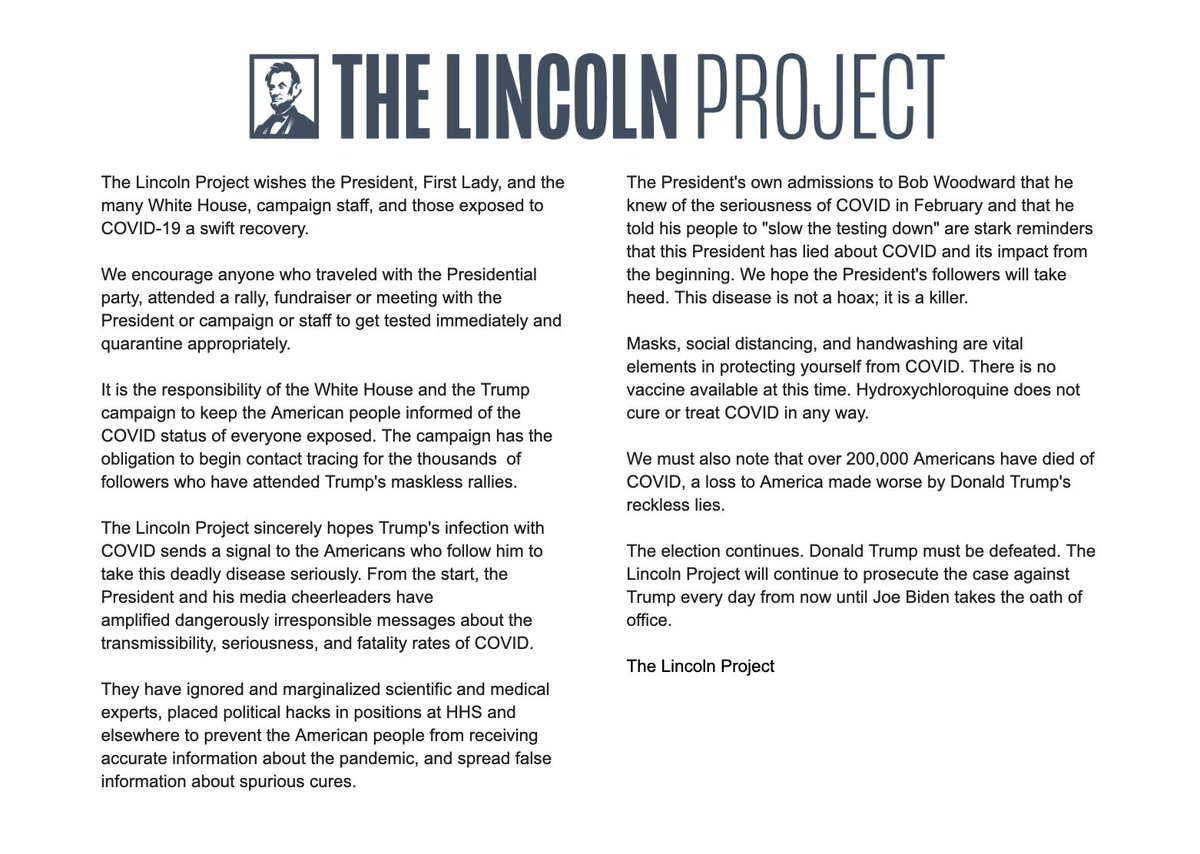 ProjectLincoln's tweet image. The Lincoln Project wishes the President, First Lady, and the many White House, campaign staff, and those exposed to COVID-19 a swift recovery.

Our full statement:
