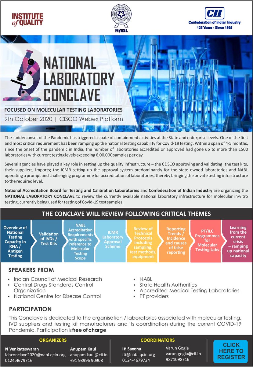 ramavenu's tweet photo. National Laboratory Conclave on #MolecularTestingLabs organised by @NABL_QCI and @FollowCII on Oct 9th. Click here for more details- https://t.co/NHpTg0tL9b. Session open for Medical Labs, IVD/Kits Mfrers. https://t.co/gS6uMzx7yi