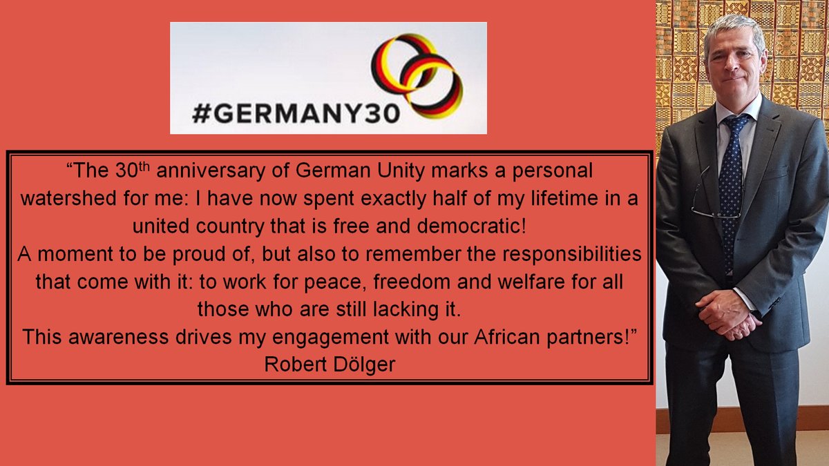 GERonAfrica's tweet photo. Tomorrow marks 3️⃣0️⃣ years of 🇩🇪 unity.
Stay tuned to find out how my colleagues in #Africa celebrate this special anniversary. This is what #Germany30 means to me👇 #DeutscheEinheit https://t.co/qfKccQTtQH