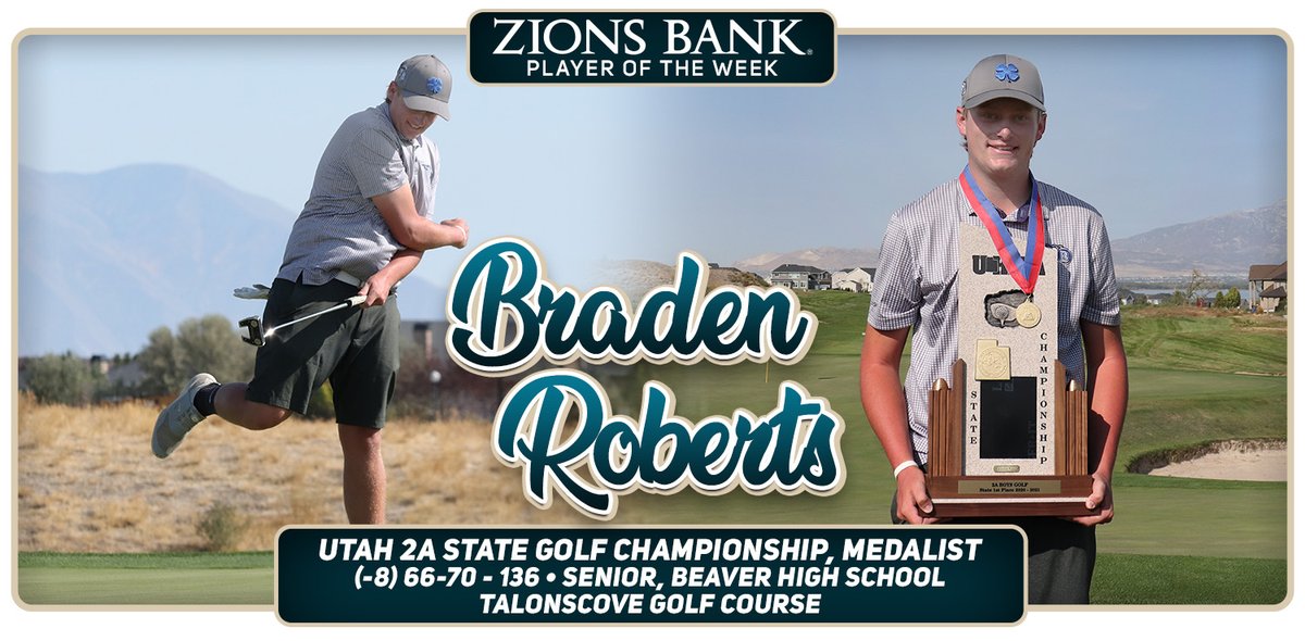 RandyatFairways's tweet photo. Beaver High School won its fourth straight @UHSAAinfo 2A Utah State Golf Championship title yesterday at @TalonsCove GC. Senior Braden Roberts repeated as medalist at (-8) with rounds of 66-70 - 136 and is this week's @ZionsBank Player of the Week. #utahwind https://t.co/At4NJrazmL