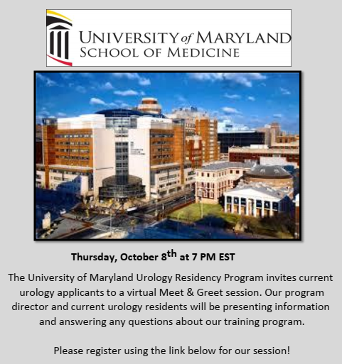Division of Urology, University of Maryland (@marylandurology) on Twitter photo umaryland.zoom.us/meeting/regist… Join us Thursday, October 8 at 7pm EST to learn more about the Maryland Urology Residency Program! Meet our Program Director <a href="/MMSiddiquiMD/">Minhaj Siddiqui</a> and residents! We look forward to speaking with you all, please preregister at the link above. umaryland.zoom.us/meeting/regist… Join us Thursday, October 8 at 7pm EST to learn more about the Maryland Urology Residency Program! Meet our Program Director <a href="/MMSiddiquiMD/">Minhaj Siddiqui</a> and residents! We look forward to speaking with you all, please preregister at the link above.