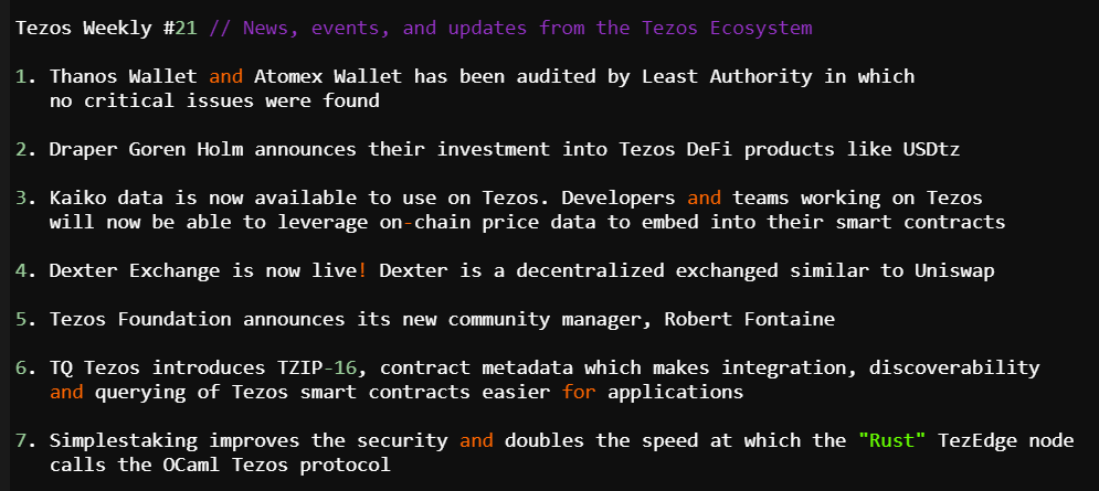anoethertheorem's tweet photo. Tezos Weekly #21 -  TW is a recap of news and updates in the Tezos ecosytem on a weekly basis. This week belongs to @madfishofficial @atomex_official @DraperGorenHolm @KaikoData @camlCaseTech @Rob_Font @TQTezos @simplestaking https://t.co/5bkeH67pWV