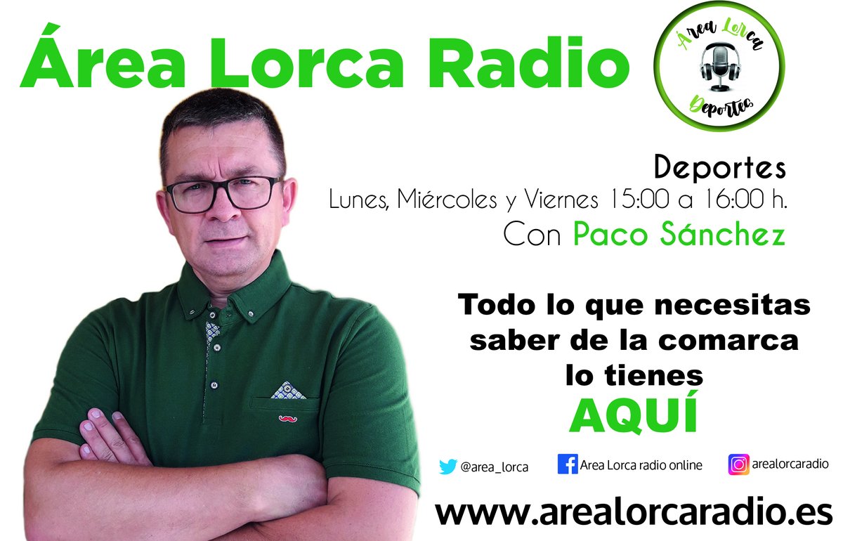 Área Lorca Deportes 02-10-20. 
Hoy, con el jugador del <a href="/AguilasfcF/">AGUILAS F.C🔆π²</a>, @pacominarro, el atleta <a href="/CANogalte/">Club Atletismo Nogalte</a>, Juan Francisco Carrillo, el presidente del Balonmano Lumbreras, Juan Montiel, y el ciclista aguileño, Tomás Navarro, Campeón España Máster 50B.
go.ivoox.com/rf/57378620