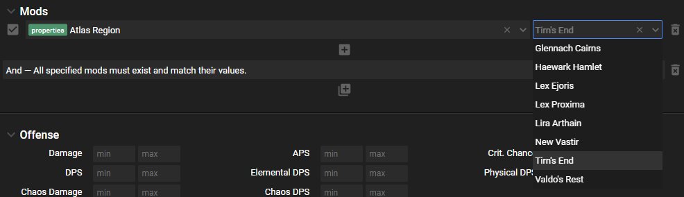 subtract's tweet photo. Atlas Region, Heist Target, and Client in the Mods dropdown will now show a secondary dropdown with options that can be chosen. I hope that you find this to be a valuable addition. If there are more fields that you would like to be included, please reply. #PathOfExile #poeapp https://t.co/IbGA6QAZye