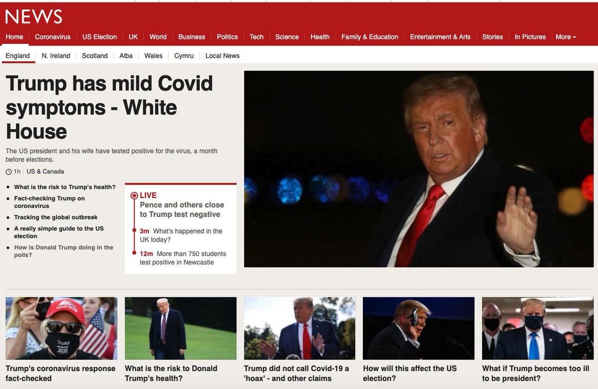 I know he's the leader of the free world and all, but 5 out of the 6 top image spots on <a href="/BBCNews/">BBC News (UK)</a> is a bit much – we do have our own stuff going on too... #TrumpCovid