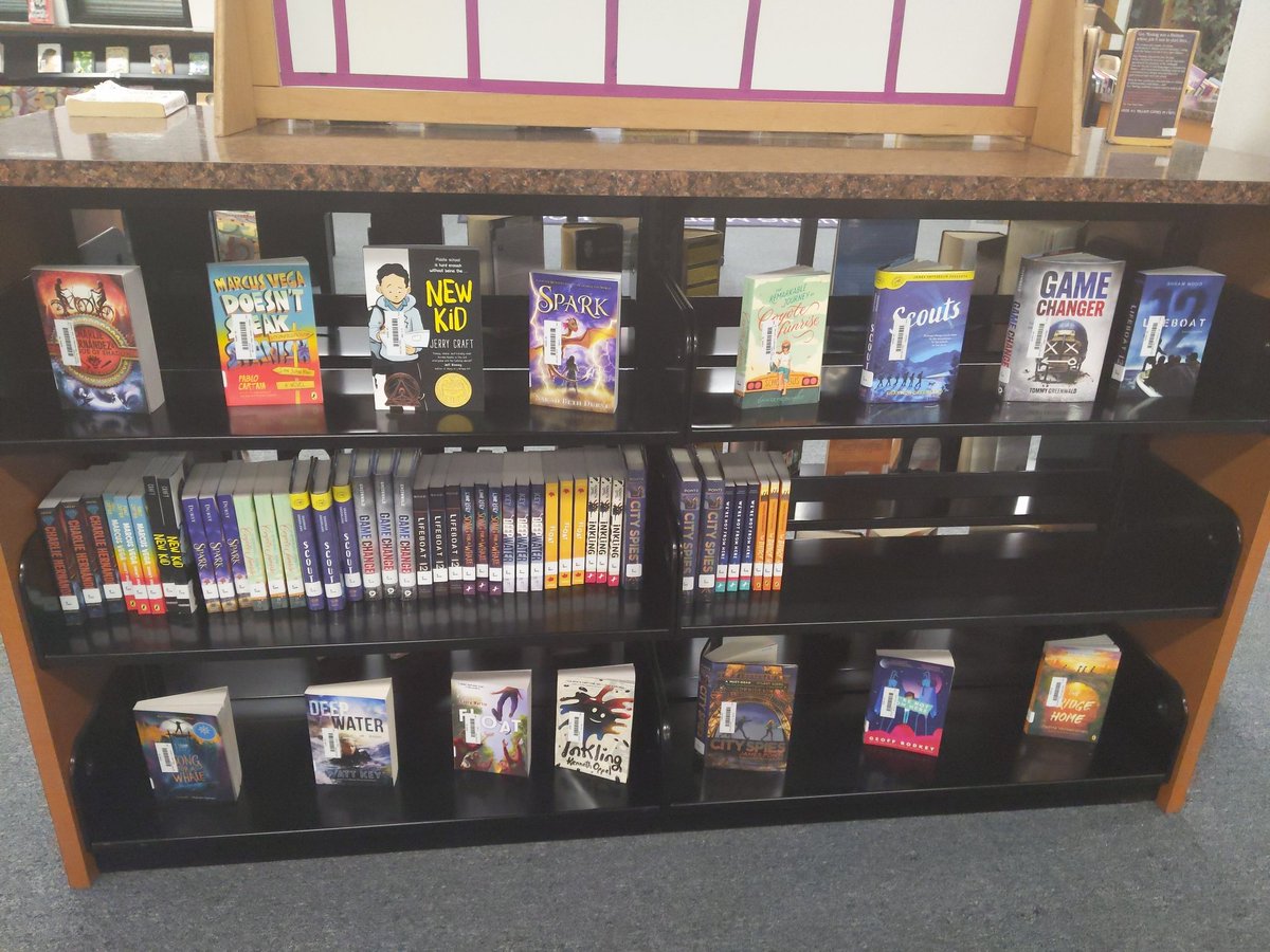 BurnsMSLibrary's tweet image. It&apos;s like Christmas! SLAM books are here! Bets on how quickly this shelf is bare? #hubofschool