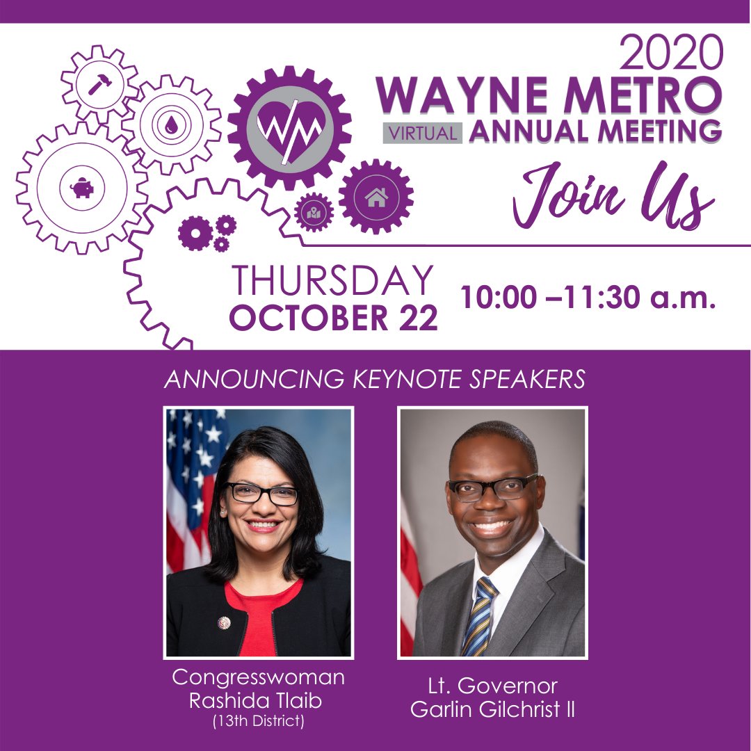WayneMetroCAA's tweet photo. Join us alongside our keynote speakers, Congresswoman Rashida Tlaib and Lt. Governor Gilchrist II on October 22nd from 10:00 -11:30 a.m. as we discuss important matters currently affecting our communities.
To register: https://t.co/1CoUV4ITib
#2020WMVirtual  #TeamWayneMetro https://t.co/YUIqSa4w1n