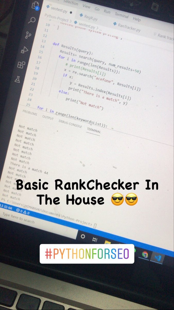 cricketcodebro's tweet photo. Finally, I completed the first basic version of my RankChecker tool. Be ready for a blog post soon to know more about it :)
.
.
#python #pythonprogramming #coding #100daysofpractice #100daysofcode #searchengineoptimization #searchengineoptimisation #seo #pythonseo #pythonforseo https://t.co/3lrOsaXkQG
