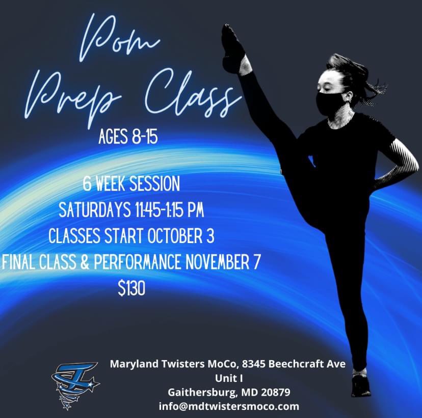 Come check out Maryland Twisters Poms and our Intro To Pom Class.  It begins tomorrow.  It's gonna be 🔥  Grab your friends and register. 
Click Here: bit.ly/2YzBjjWClass #mdtmoco #dancelikeatwister #blackandbluecrew
