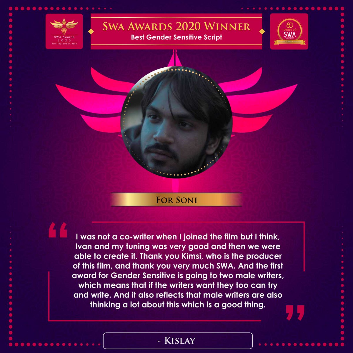 swaindiaorg's tweet photo. #Kislay speaks on WINNING the #SWAAwards2020 for 'Best Gender Sensitive Script'!

#WinnersQuote #SWAIndia #SWAturns60 #screenwriters https://t.co/JvZ2BZScPd