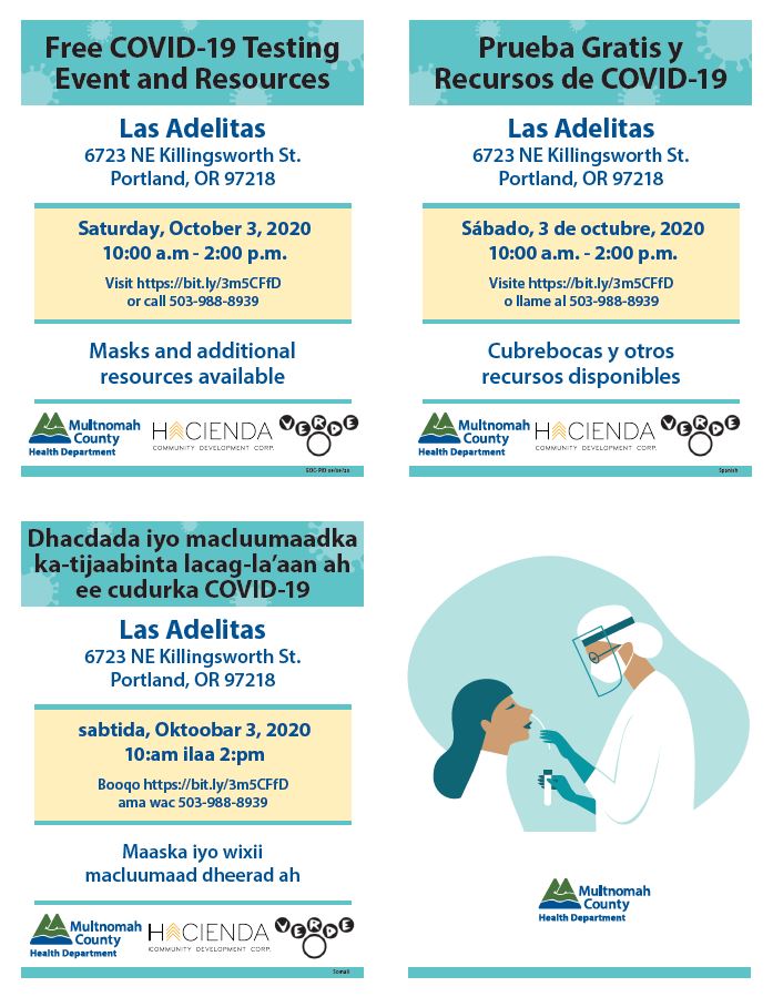 Multco_Jayapal's tweet image. Free COVID-19 screenings will be offered for Cully residents this Saturday, October 3 at Las Adelitas, from 10:00 am - 2:00 pm.

You can call 503-988-8939 or visit the link to sign up: bit.ly/3m5CFfD.