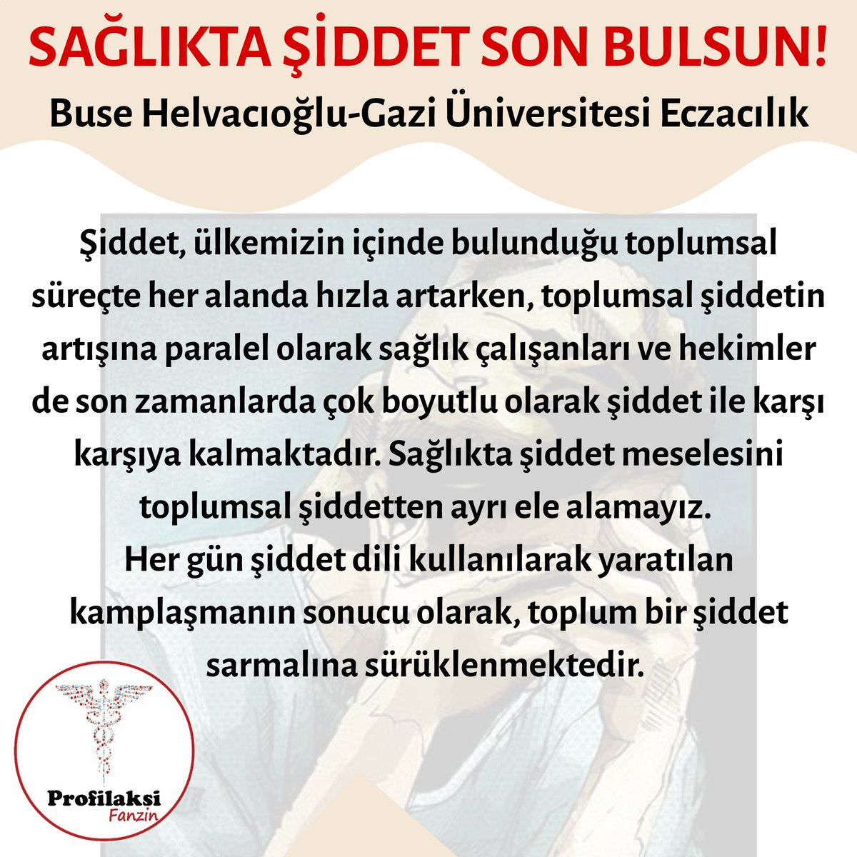 "Sağlıkta şiddet meselesini toplumsal şiddetten ayrı ele alamayız. Her gün şiddet dili kullanılarak yaratılan kamplaşmanın sonucu olarak, toplum bir şiddet sarmalına sürüklenmektedir."
#SağlıktaŞiddeteHayır
Yazının tamamı için tıkla.👇
profilaksifanzin.com/post/sa%C4%9Fl…