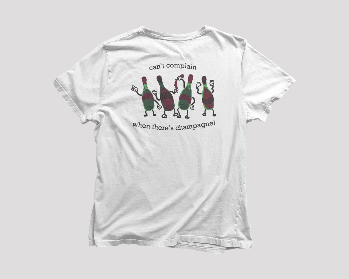Order your @merch4relief tee! Thanks to former alum Liz Singer, you can rep a branded shirt with this catchy phrase: "Can't Complain When There's Champagne" on the back 🍾 🥂 95% of proceeds support our wine shop &amp; bar. Link in bio to order yours today. Design by Megan Almonte!