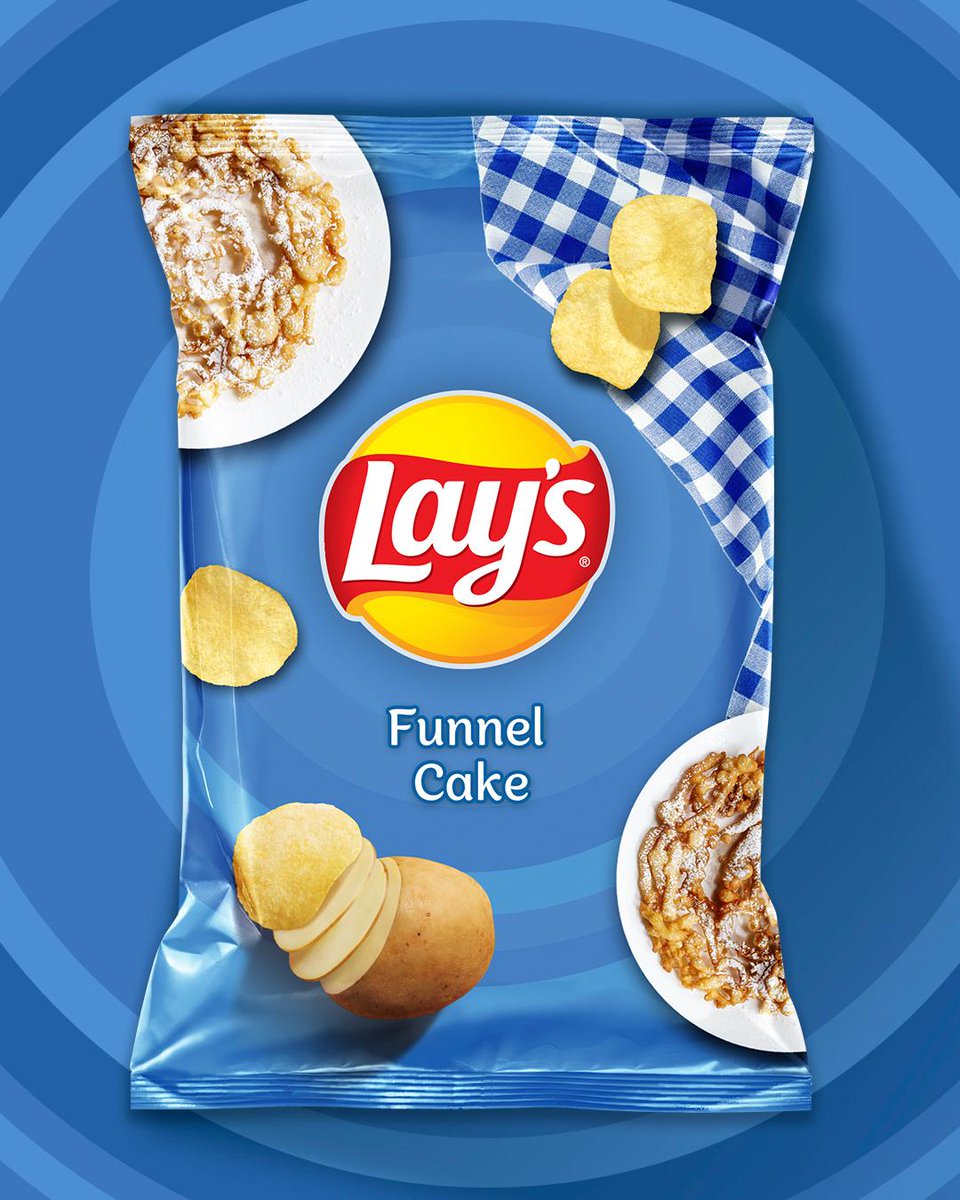 LAYS's tweet photo. Missing those state fair days so we came up with these fake flavors 🎡 Which are you grabbing first? 

RT for Corn Dog, Like for Funnel Cake https://t.co/ZAN6e5NKCv
