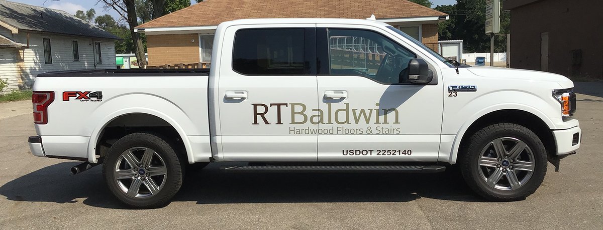 ExpressSignsInc's tweet image. Looking for custom flooring solutions? Look out for RTBaldwin trucks with their elegant logo #decal to keep them in the back of your mind! #ExpressSignsInc