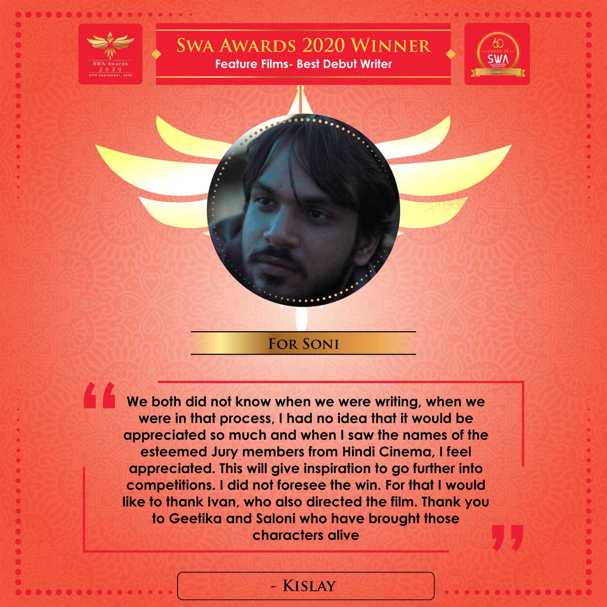 swaindiaorg's tweet photo. #Kislay talks on WINNING the #SWAAwards2020 for 'Feature Films: Best Debut Writer'!

#WinnersQuote #SWAIndia #SWAturns60 #screenwriters https://t.co/onYLHYwHXE