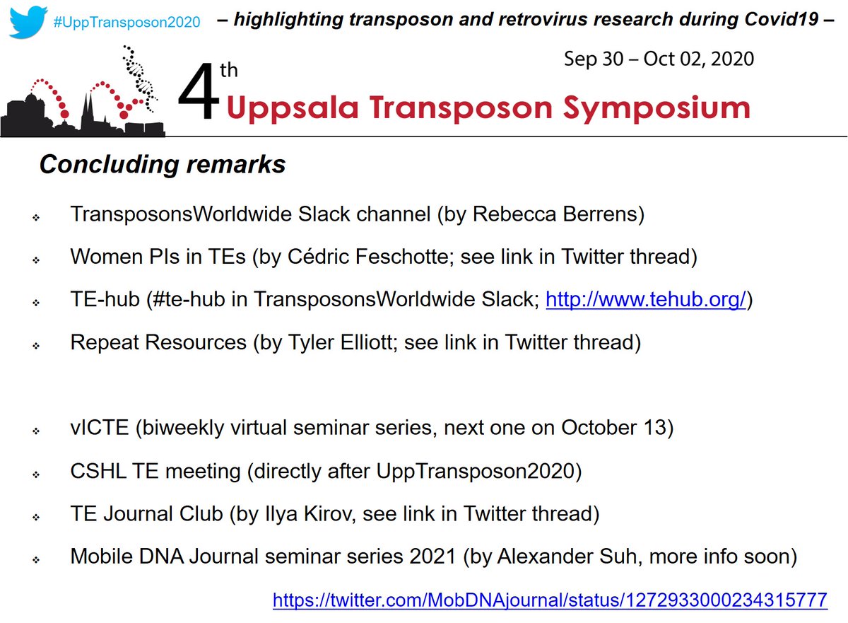 alexander_suh's tweet image. @ClaudiaKutter concluded the #UppTransposon2020 meeting by advertising the fantastic community-driven initiatives in #transposon and #retrovirus research.

Some highlights also in this @MobDNAjournal thread: